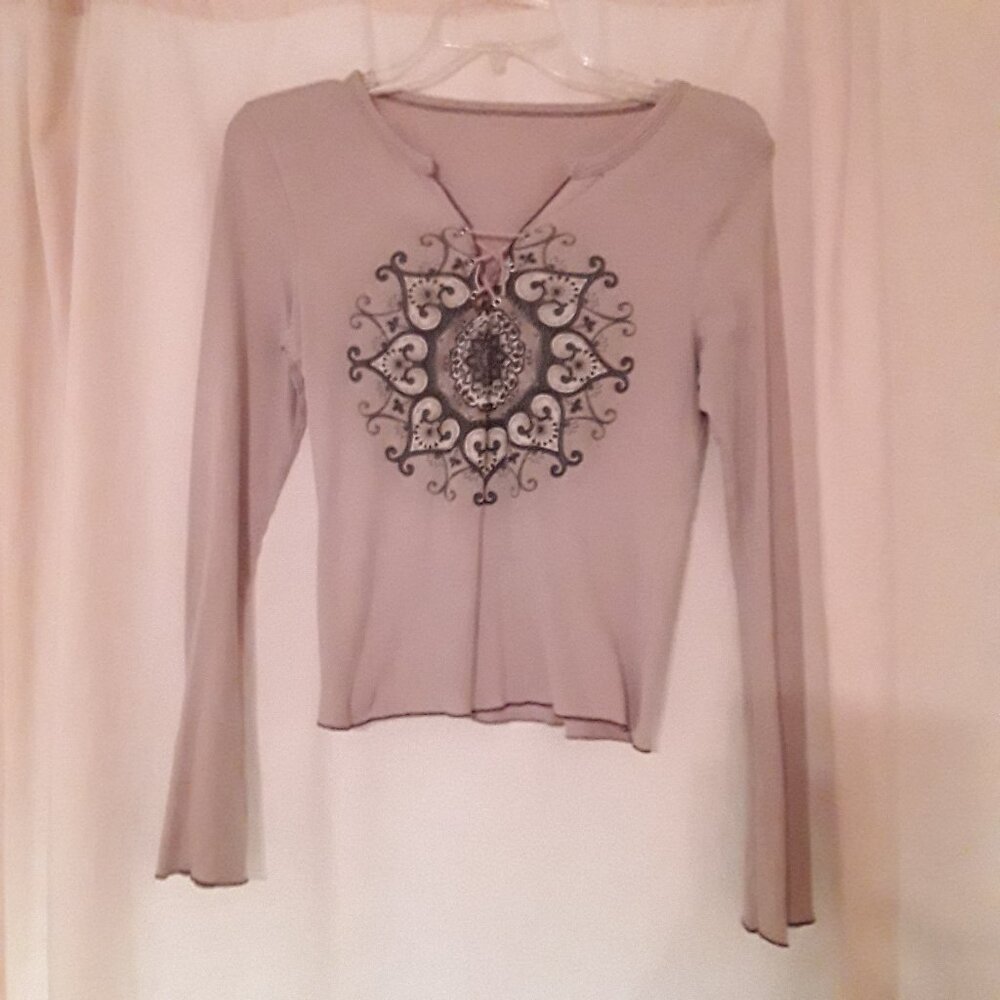 Women's/Junior's top, tan and brown, size L, more like small/med